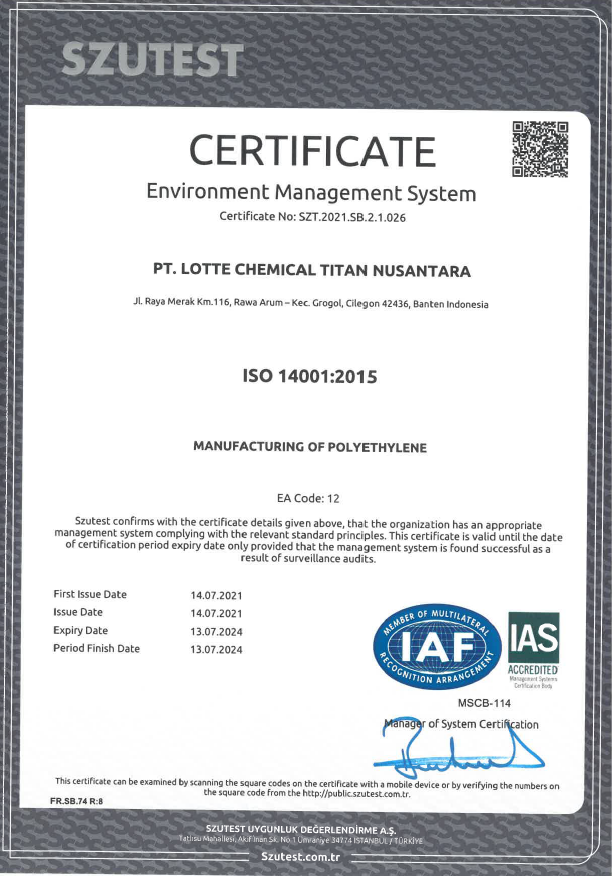ISO 14001 : 2015 Certificate Valid until 13 July 2024 certificates