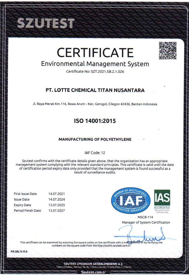 ISO 14001 : 2015 Certificate Valid until 13 July 2027 certificates